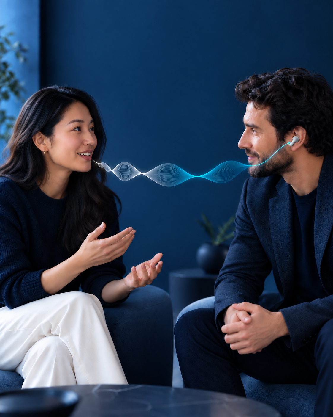 Two people having a conversation while a translated audio wave connects them